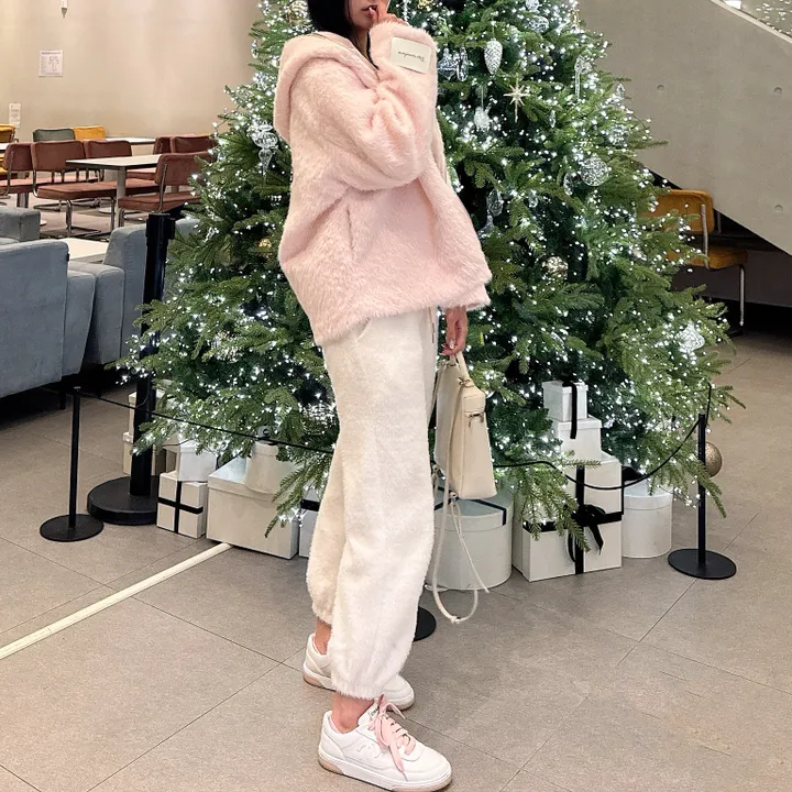 [러블리⛄/털빠짐X] 핑키 딸기우유 소프트 후드 퍼 뽀글이 앙고라 코트 집업 자켓 상세 이미지 5