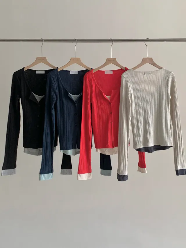 시선 골지 레이어드 배색 단추 가디건 티셔츠4color 상세 이미지 48