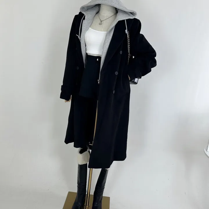 [겨울신상/패드내장/데일리/후드집업일체형] 오버핏 울 모직 쭈리 후드 집업 뒷트임 롱 자켓 코트 상세 이미지 13