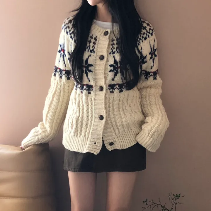 [눈꽃❄]스노우 노르딕 도톰 라운드 니트 긴팔 가디건 2color 상세 이미지 15