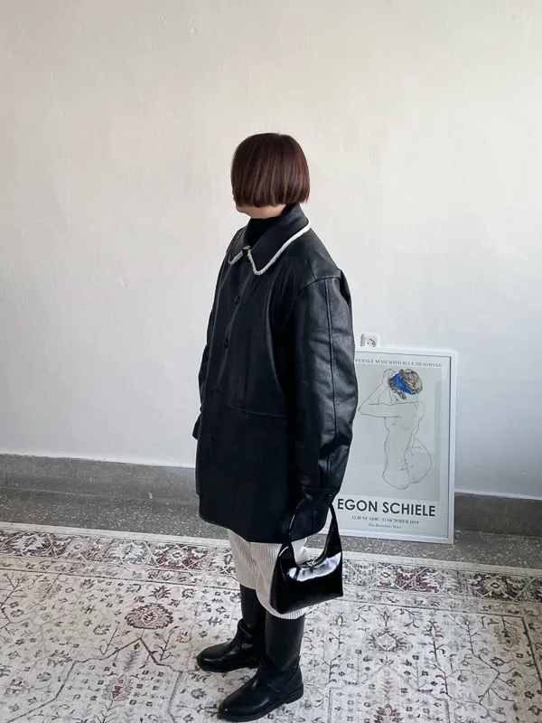 오버핏 가죽 퍼 점퍼 ( 블랙 브라운 ) 하프 코트 자켓 상세 이미지 28