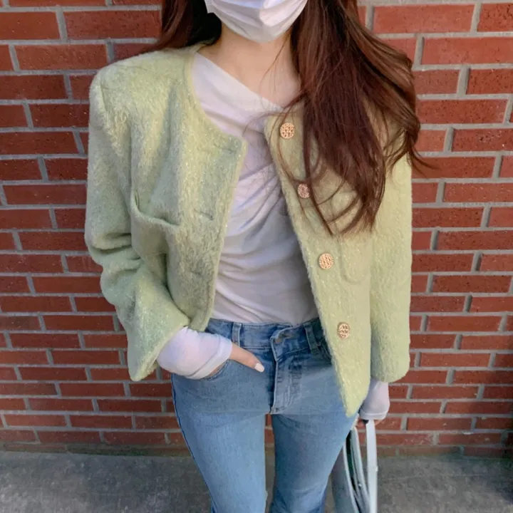 [2천장돌파‍🔥누빔선택!!] 앙고라 트위드 국내 펄 콕콕 퍼 겨울 트위드 자켓 노카라 포켓 간절기 하객룩 크롭 숏자켓 그린 소라 아이보리 핑크 상세 이미지 12