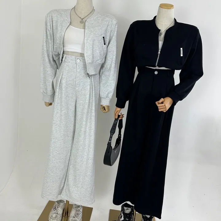 [패드내장/데일리/캐주얼/세트가격/봄투피스💞] 루즈핏 포켓 미니패치 패드 크롭 쭈리 투웨이 집업 + 하이 뒷밴딩 핀턱 롱 슬랙스 와이드팬츠 SET (3COLOR) 상세 이미지 26