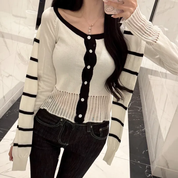 [페이크숄/일체형] 단가라 세라 배색 니트 가디건 상세 이미지 9