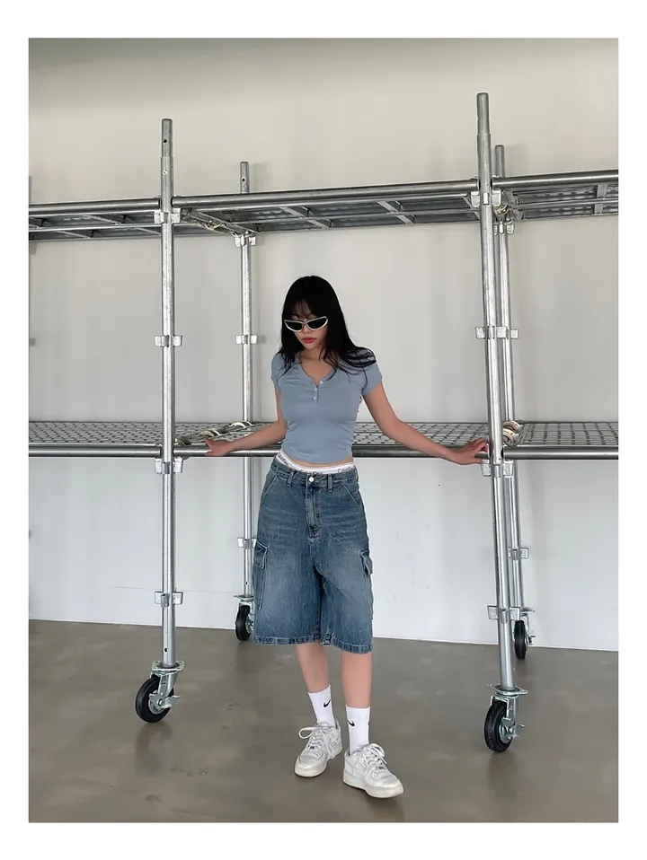 [UNISEX] 카고 데님 청 워싱 버뮤다 반바지 팬츠 (2color) 상세 이미지 9