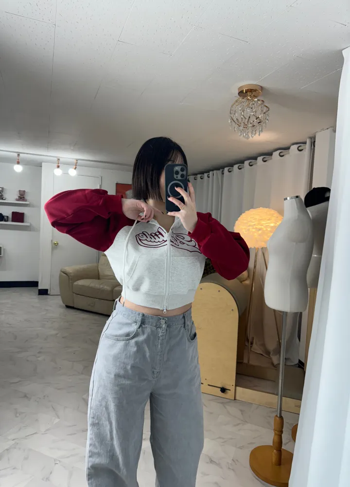 [데일리/투웨이]레터링 나그랑 투웨이 크롭 후드집업 상세 이미지 4