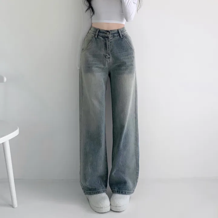 당일출고🚀[특가❤/핏보장] 선데이 원버튼 뒷밴딩 사이드 빈티지 워싱 하이웨스트 와이드 바지 데님팬츠 청바지 사계절청바지 상세 이미지 3