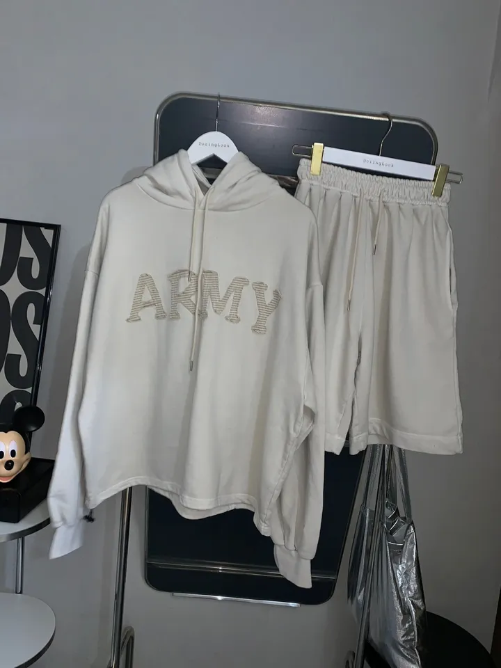 [세트가격🌠/남녀공용🧏‍♀️💕/도링룩단독💌] 피그먼트 아미 레터링 후드 밴딩 5부 반바지 커플 트레이닝세트 투피스 (3color) 상세 이미지 49