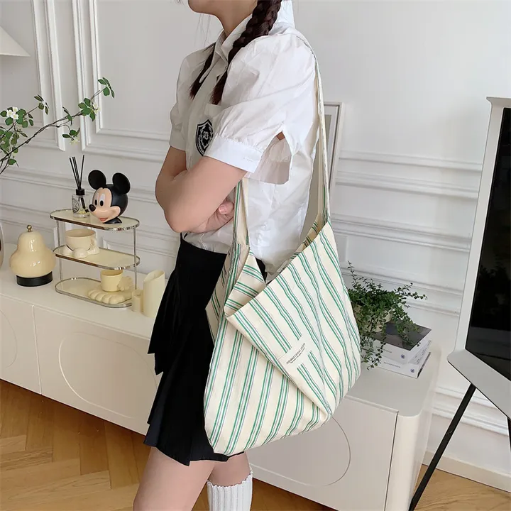 🍉당일출고 🍀가방 스트라이프🥰 에코백 여신 가벼운가방 캔버스 숄더백 여성 핸드백 장바구니 쇼퍼백 크로스백 캐주얼 빈티지 데일리백 상세 이미지 3