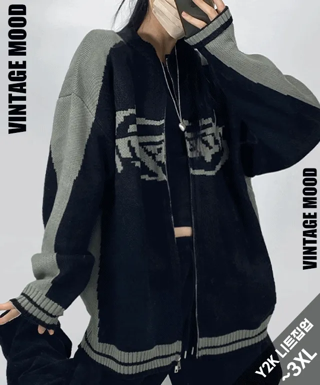 [~3XL] 빈티지 힙무드 박시니트집업💝 배색 나그랑 스트릿/투웨이 남녀공용 커플 빅사이즈 [4070] 상세 이미지 2