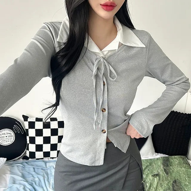 [일체형/모던룩/2col] 신디 일체형 슬림핏 레이어드 셔츠 가디건 / 카라넥 / 리본가디건 / 레이어드티셔츠 / 페이크셔츠 / 긱시크 / 브이넥 / 셔츠니트 / 코디완성 / 강추 상세 이미지 19