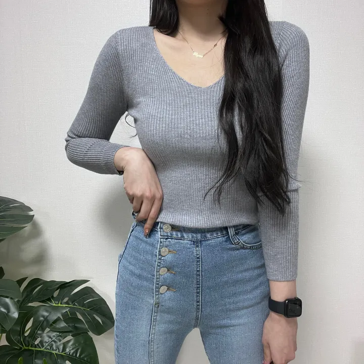 1000장 돌파! 🚀당일발송!🚀✨진짜최저가보장✨ 🎊봄까지 쭉!🎊 주문폭주 🎀리뷰극찬🎀 2개 구매시 묶음할인! 기본 슬림 골지 브이넥 니트 긴팔티 상세 이미지 33