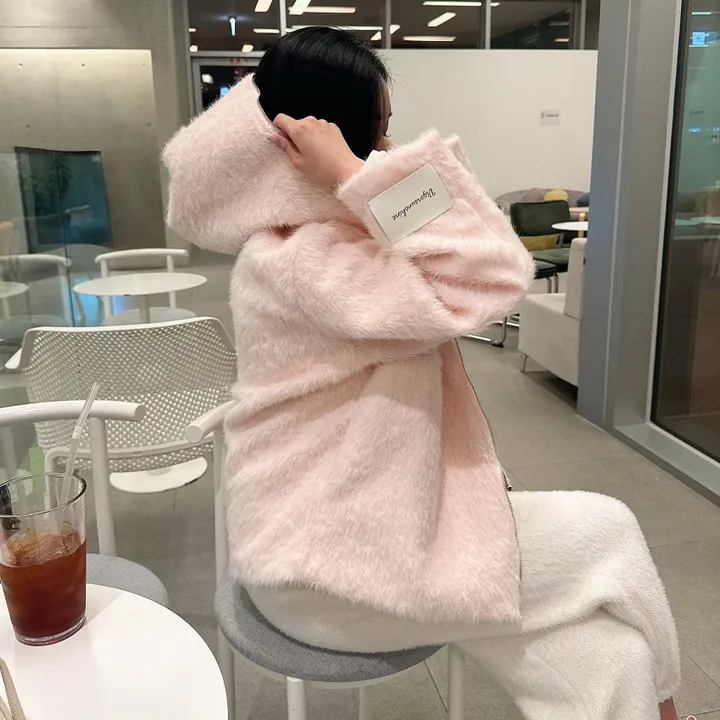 [러블리⛄/털빠짐X] 핑키 딸기우유 소프트 후드 퍼 뽀글이 앙고라 코트 집업 자켓 상세 이미지 21