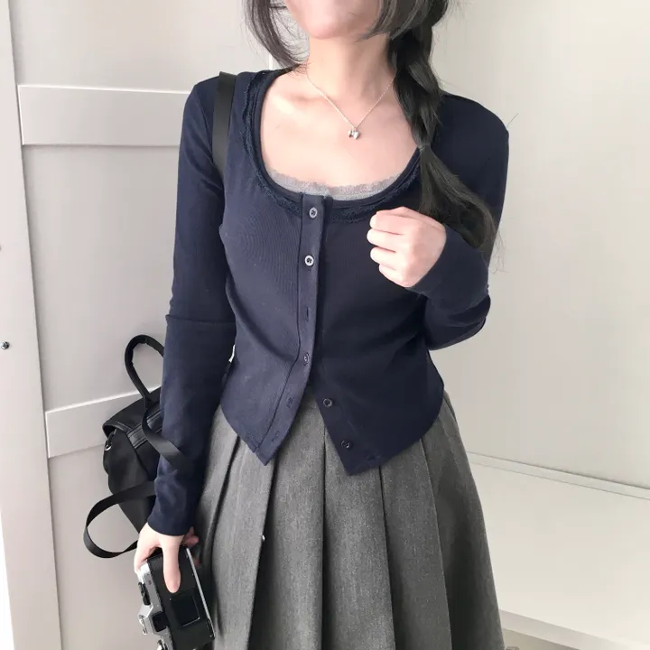 [러블리/레이스🖤/슬림핏] 라운드 스퀘어 레이스 골지 가디건 상세 이미지 11