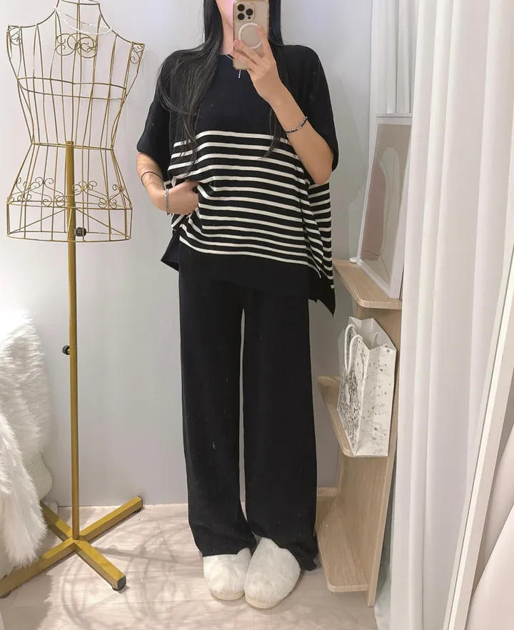 *빠른출고 *체형커버굿 [*44-77/highqual] 모먼트 스프라이트 소프트 단가라 케이프 니트 + 밴딩 와이드 니트 팬츠 투피스 트레이닝세트 - 4color 상세 이미지 33