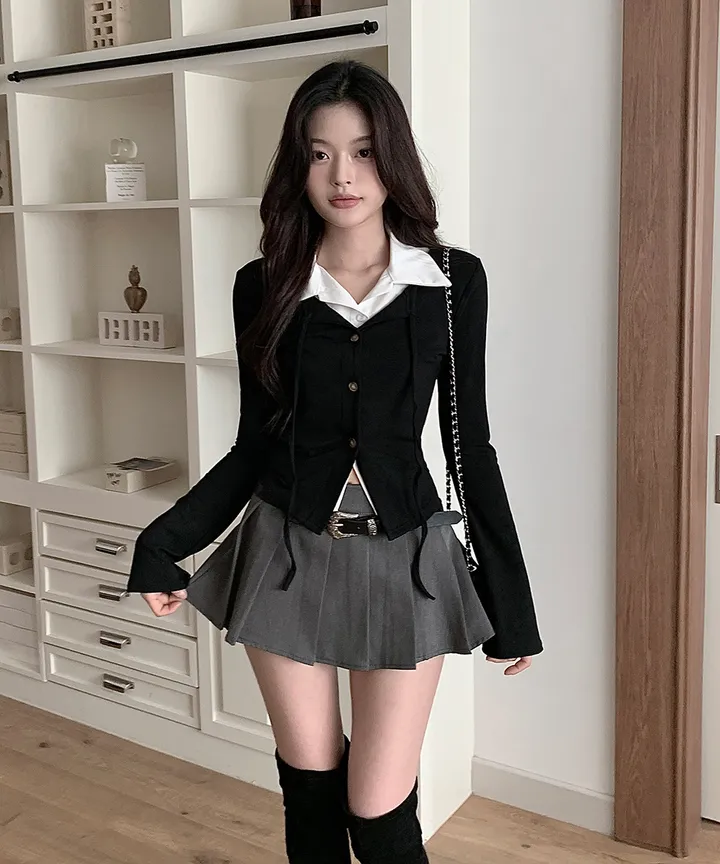 [반팔/긴팔❄일체형💗고퀄ver] 칠리 셔츠 가디건 일체형 레이어드 리본 슬림핏 긴팔 반팔 티셔츠 가디건 봄 겨울 가을 / 하객룩 출근룩 소개팅룩 데이트룩 클래식블랑 상세 이미지 8