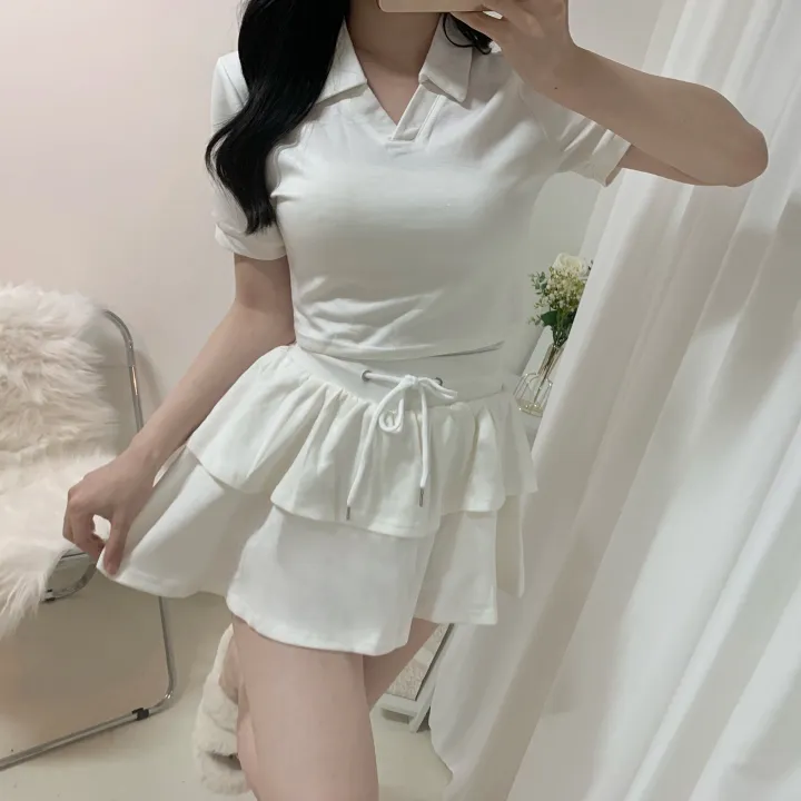 [세트가격/러블리💛] 플레인 배색 카라 크롭 반팔 + 밴딩 캉캉 치마바지 미니스커트 투피스 세트 4color 상세 이미지 42