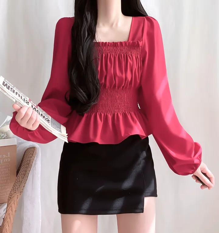 [체형보정/살랑쉬폰] 샤인 스퀘어넥 프릴 셔링 스모크 밴딩 퍼프 블라우스 상세 이미지 44