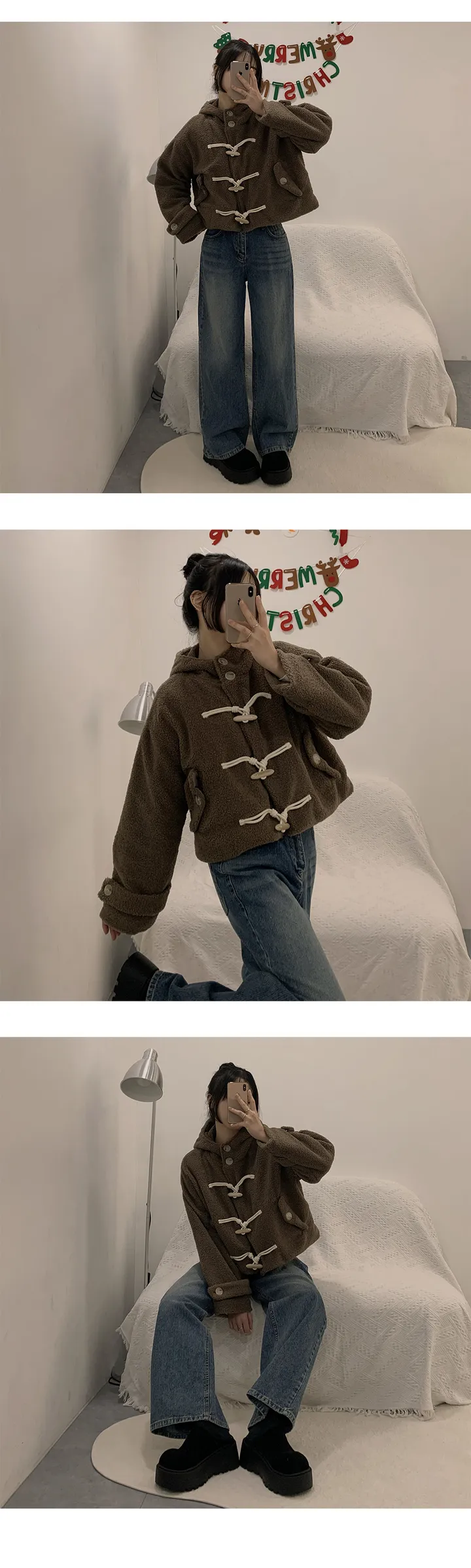 🎀가성비템이라 불러주세요! [양털/누빔안감/후드] DJ 하이넥 투버튼 더플 버튼  소매 포켓 포인트 세미크롭 후드 점퍼 자켓 3Color 상세 이미지 13