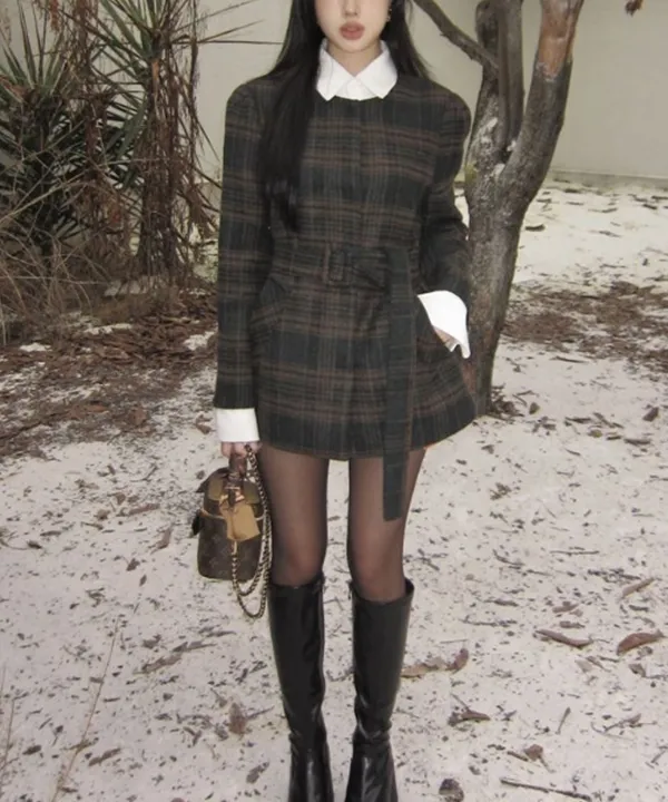 체크 배색 카라 레이어 벨트 모직 코트 포레스트미스트29418341