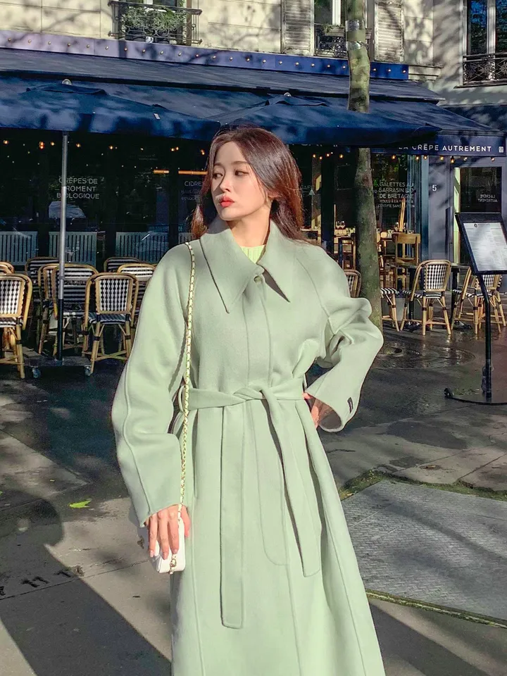 [메리노울100%🤎handmade] 백화점퀄 wool 핸드메이드 롱 울 코트 카라 로브 모직 루즈핏 벨트 싱글 히든버튼 트임 겨울 아우터 네이비 베이지 민트 3col 상세 이미지 45