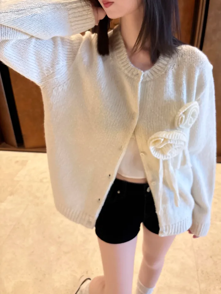 🌺제니 핀터레스트 무드 울50 꽃 코사지 루즈핏 가디건 상세 이미지 7