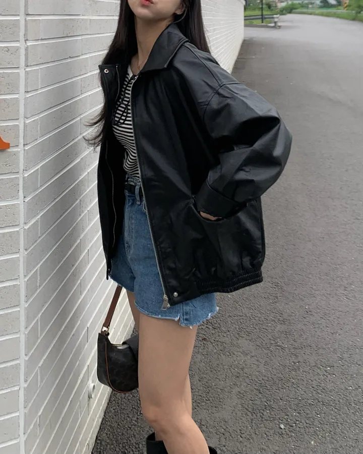 <미리 봄🌸/찐오버핏> 데이 오버핏 카라 블루종 레더자켓 - 2color 상세 이미지 42