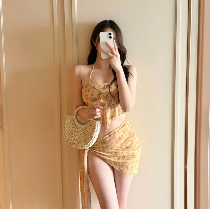 엘로 잔꽃 플라워 쓰리피스비키니 랩스커트 커버업 비키니세트 상세 이미지 5