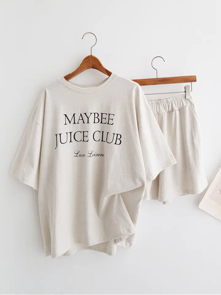 [세트가격!] Maybee 레터링 프린트 오버핏티셔츠 반팔 티셔츠 밴딩 반바지 홈웨어세트 여름파자마 트레이닝복 츄리닝세트 주말룩 여름휴가 바캉스룩 이지웨어세트 상세 이미지 3