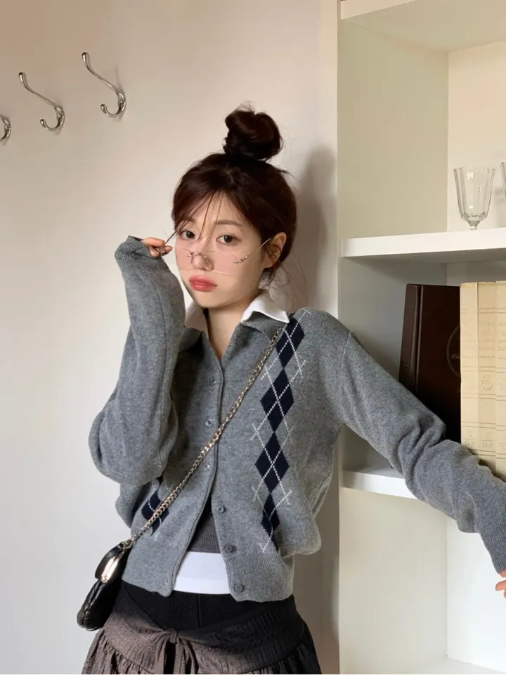 [캐시미어가디건ෆ잘록핏]르본 배색 아가일 패턴 잘록 시보리 카라넥 캐시미어 울니트 버튼 가디건 4color 상세 이미지 26