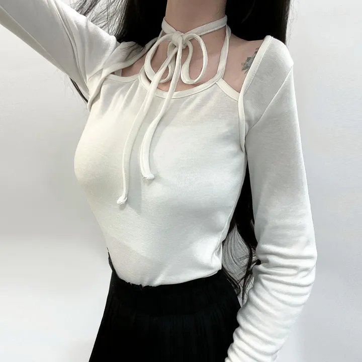 봄신상🌺 [모델강추/3color] 홀터넥 리본 스트랩 어깨 트임 티셔츠 상세 이미지 13