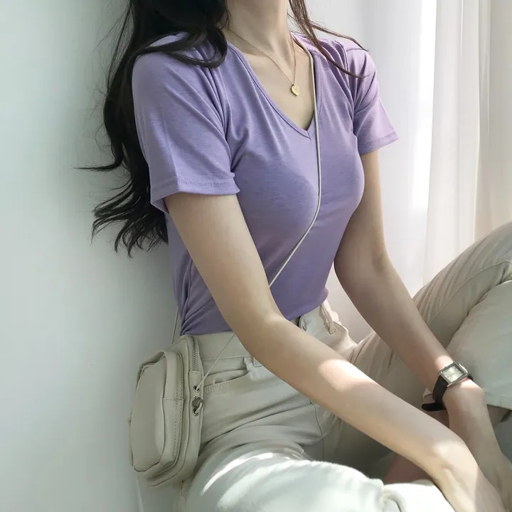 [퀄보장] *오늘출발* 부드러운 크림, 브이넥 무지반팔티 (쫀득핏 슬림 기본 반팔 티셔츠/이너티/기본티/무지티/레이어드티) 상세 이미지 21