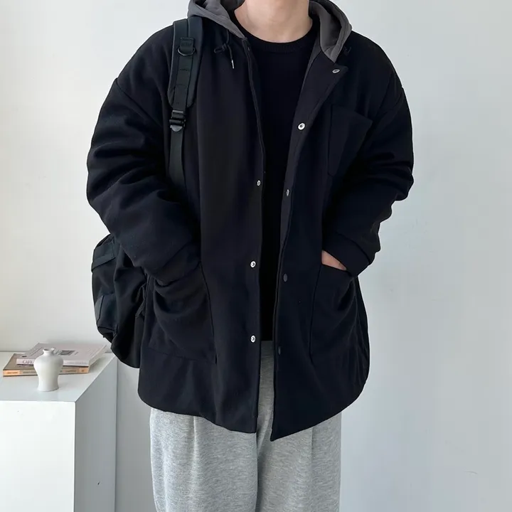 가을 겨울 오버핏 하프 코트 미니멀 빅사이즈 아우터 보온안감후드블랙코트 상세 이미지 11