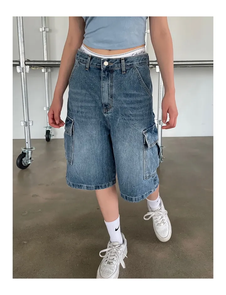 [UNISEX] 카고 데님 청 워싱 버뮤다 반바지 팬츠 (2color) 상세 이미지 4