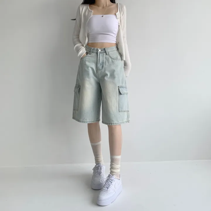 후기극찬![핏보장❤︎/힙무드/~XL] 이브닝 빈티지 힙 워싱 하이웨스트 와이드 카고 하프 버뮤다 5부 청 반바지 데님 팬츠 빅사이즈 상세 이미지 10