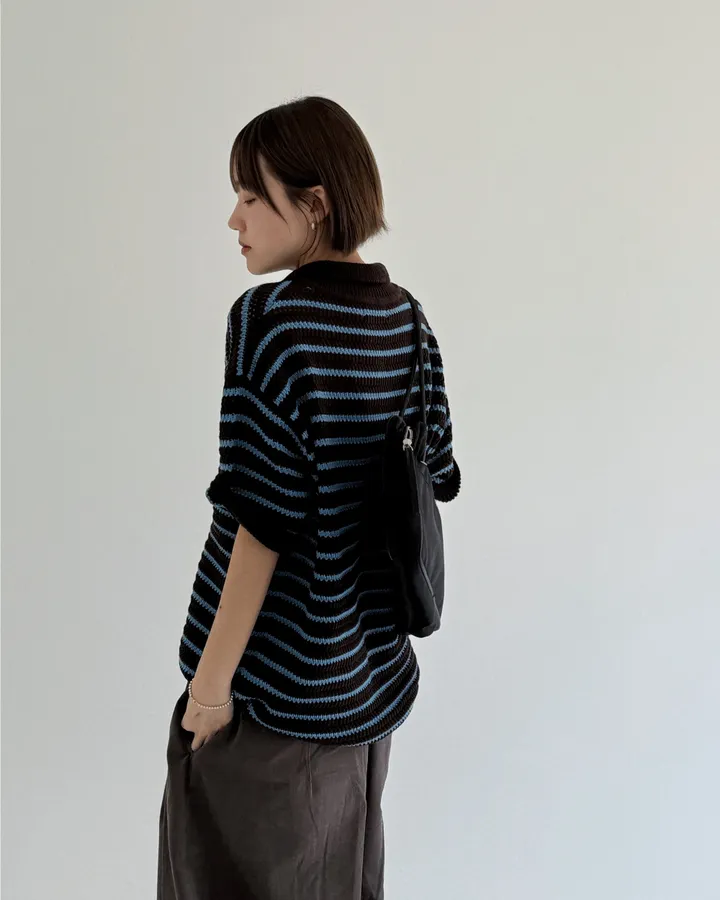 [온트추천] (UNISEX) 모리 스트라이프 카라 반팔 가디건 상세 이미지 26