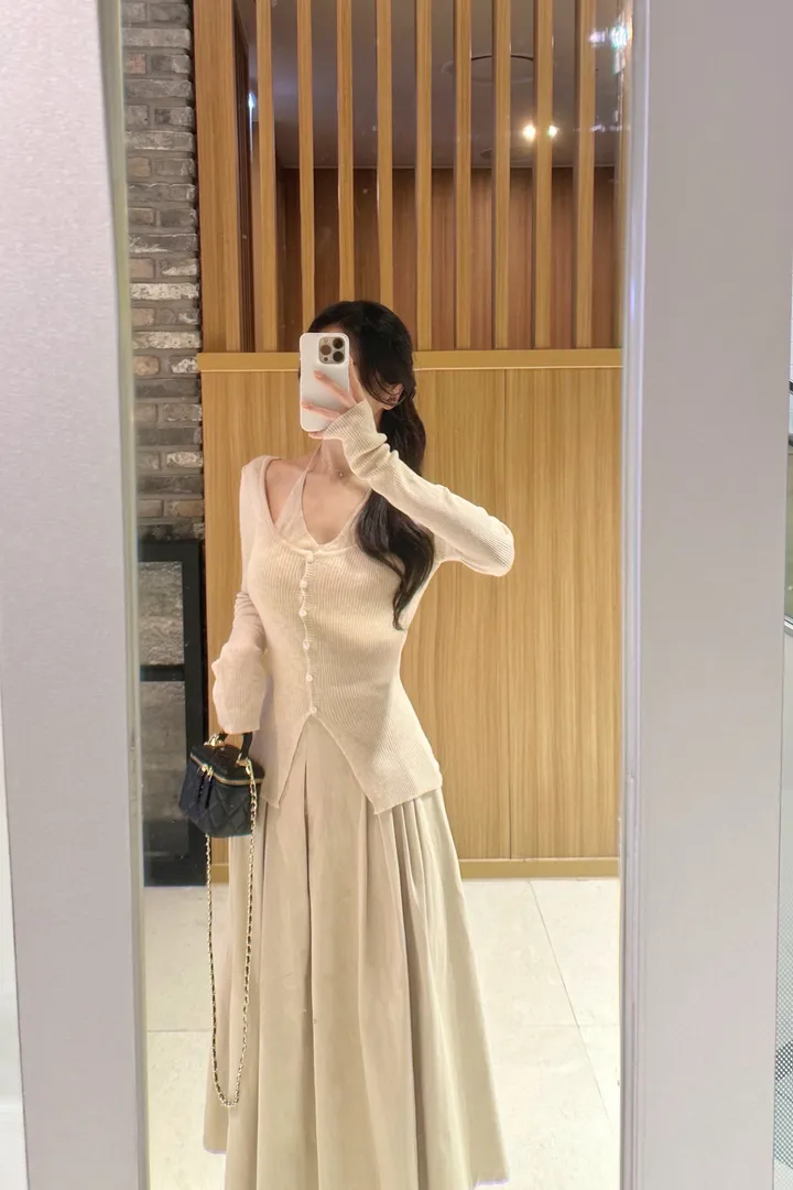 🤍극강여리핏*일체형🤍로지 홀터넥 나시 골지 가디건 세트 상세 이미지 6