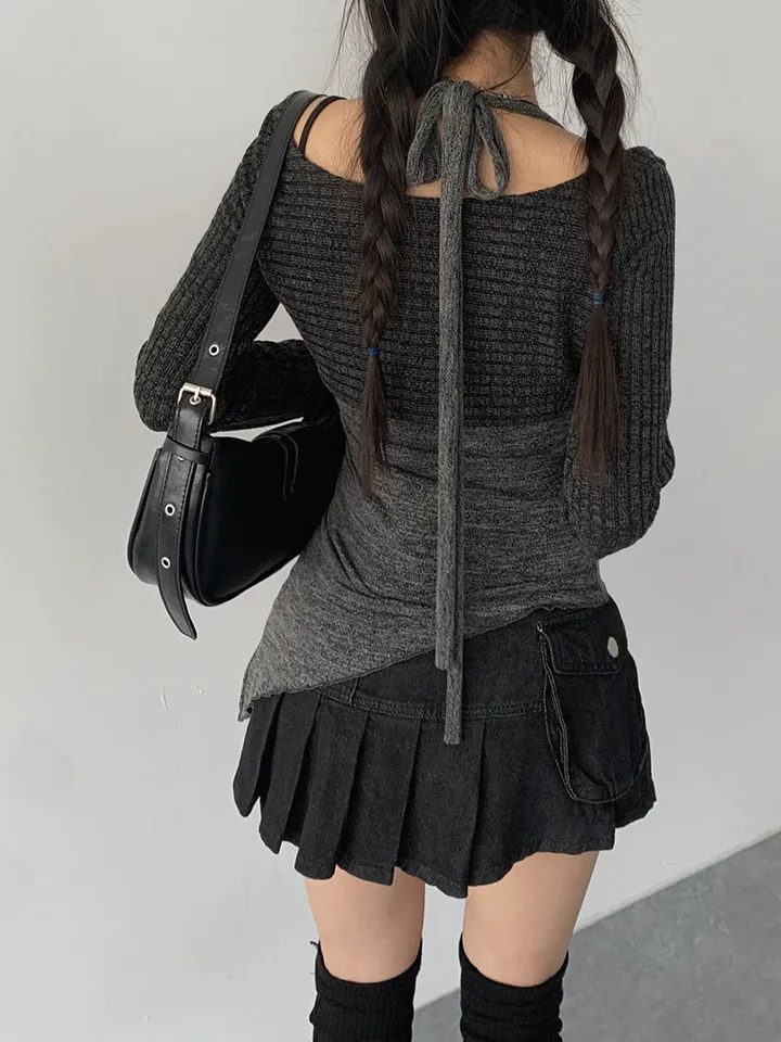 [레이어드세트/몸매보정핏! 뒷모습도완벽🖤 슬림핏 홀터나시 긴팔크롭티 레이어드세트] 리엘사선홀터나시SET 상세 이미지 11