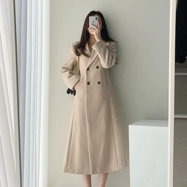 A라인 슬림 롱 플레어 더블 버튼 울코트 블랙 베이지 상세 이미지 52