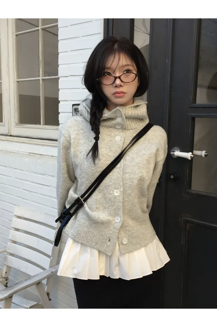 [데일리/빈티지🖤] 모루카 후드 버튼 하이넥 니트 가디건-5color 상세 이미지 8