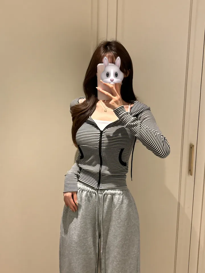 [개말라핏/슬림여리] 스트라이프 단가라 골지 긴팔 후드집업 봄신상 (2color) 상세 이미지 6