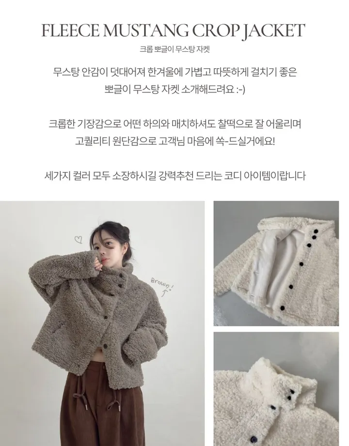 당일출고🚀 [고퀄🤎/무스탕안감!] 귀여움주의, 하이넥 뽀글이 무스탕 누빔 크롭 투웨이 자켓 단추 후리스 기모 양털 패딩 겨울 루즈핏 아방핏 아우터 (3color) 상세 이미지 2