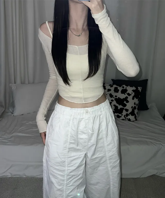 크림 나시 시스루 굴림 긴팔 세트 (캡내장)