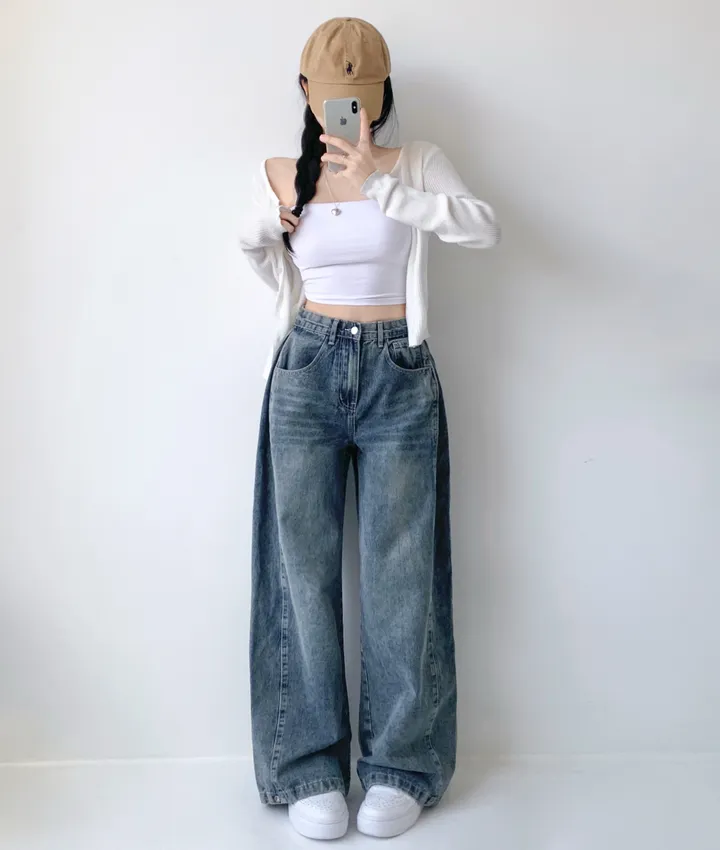 [3기장/밑단비조] 테루 3기장 빈티지 워싱 사이드 핀턱 밑단 비조 스냅 와이드 조거 데님 팬츠 청바지 키작녀 키큰녀 빅사이즈  간절기 사계절팬츠 상세 이미지 12