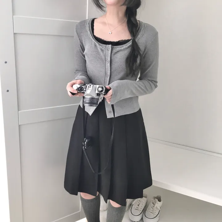 [러블리/레이스🖤/슬림핏] 라운드 스퀘어 레이스 골지 가디건 상세 이미지 4