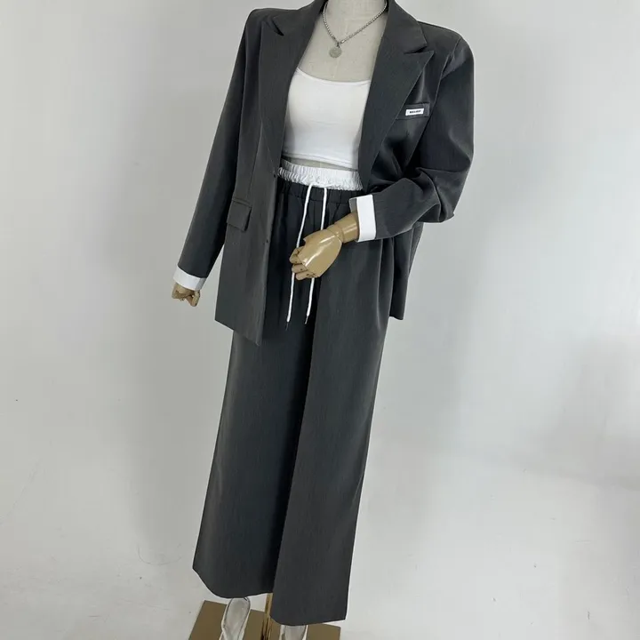 [25SS/*고퀄*/강추코디/하객룩/오피스룩/세트가격💕] 루즈핏 소매 레이어드 배색 미니패치 패드 베이직 자켓 + 하이 배색 밴딩 롱 슬랙스 와이드 팬츠 SET셋업(3COLOR) 상세 이미지 27