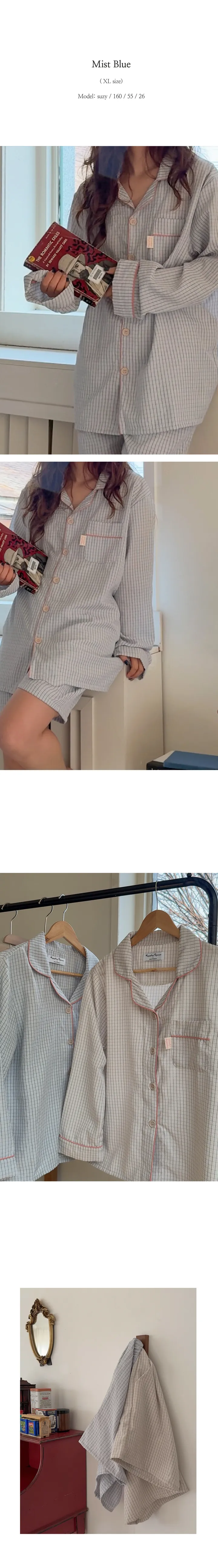[new봄🌸] 당일발송 H.made✔ 레노 체크 시어서커 지지미 커플 잠옷 여름 긴팔 반바지 파자마 세트 2color 직진배송 상세 이미지 11