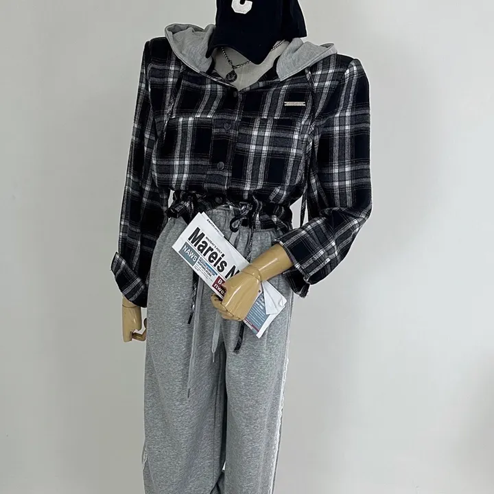 [패드내장/데일리/캐주얼/코디추천템] 크롭 체크 후드 배색 패치 스트링 셔츠 남방 상세 이미지 11