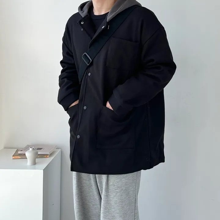 가을 겨울 오버핏 하프 코트 미니멀 빅사이즈 아우터 보온안감후드블랙코트 상세 이미지 16