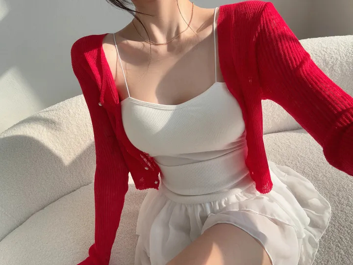 (8color) 【여리여리-!】 수채화 슬림핏 시스루 롱슬리브 진주 버튼 부클 가디건 상세 이미지 25